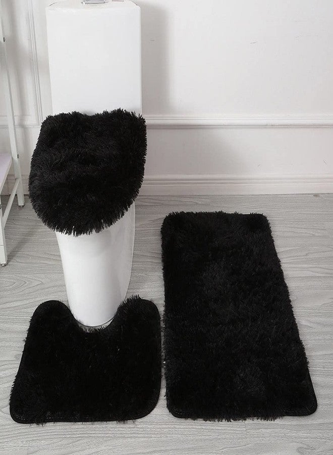BXEBUI Microfiber Bathroom Rug Sets 3 Piece, Non Slip Contour Mat Toilet Lid Cover and Bath Rug Mats Shower Mats for Bathroom Tub Toilet (Black) - Image 1